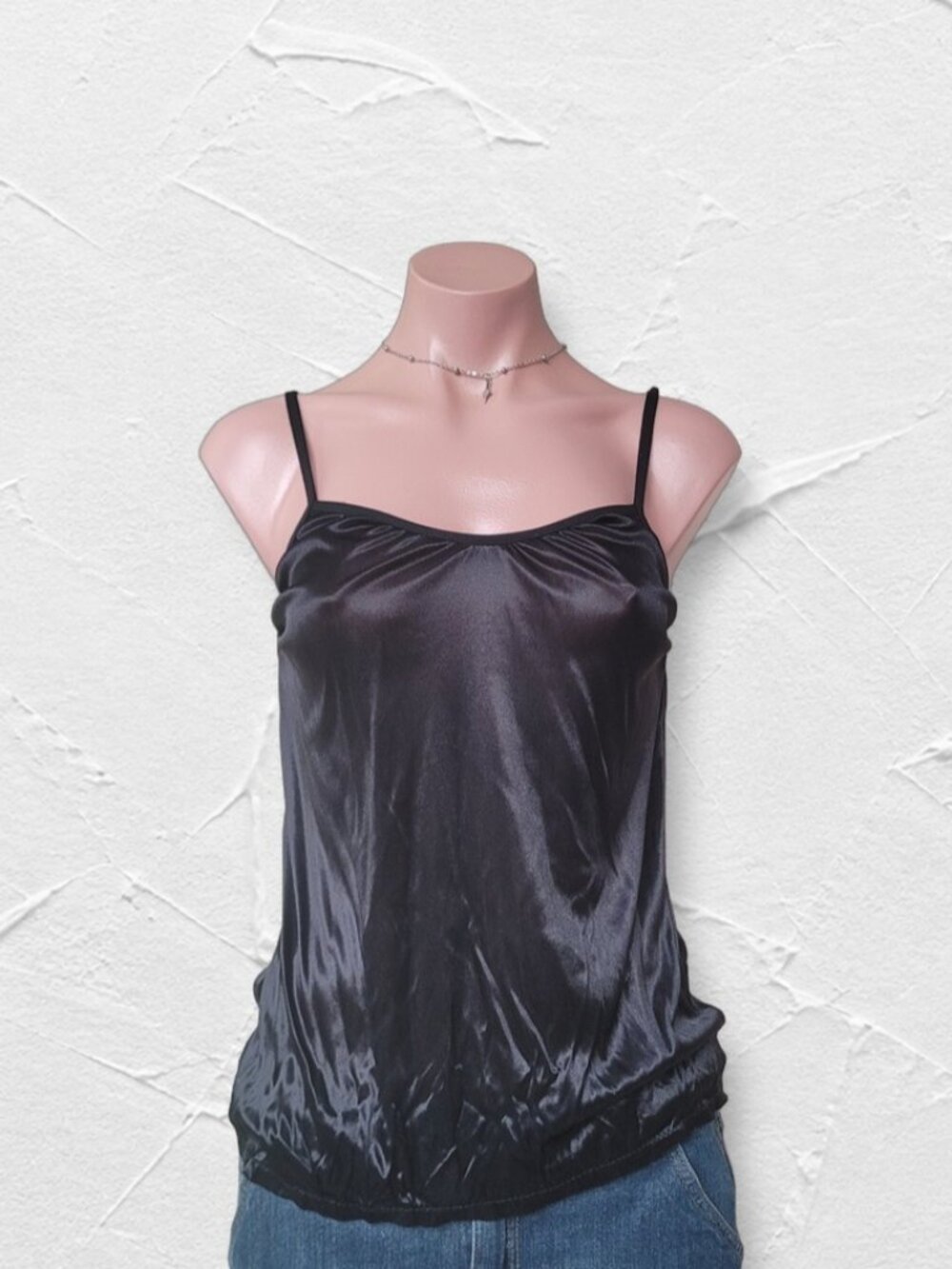 Minimalist Onyx Black Pure Silk Camisole Tank Top (One Size)